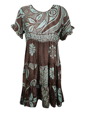 Copper Berry Floral Dress, Beach Boho Dress, Recycle Silk Summer Short Dresses M