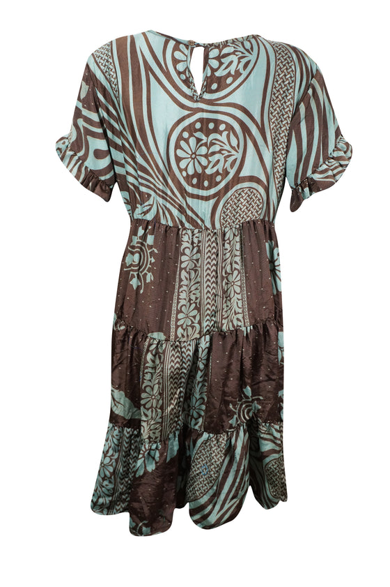 Copper Berry Floral Dress, Beach Boho Dress, Recycle Silk Summer Short Dresses M