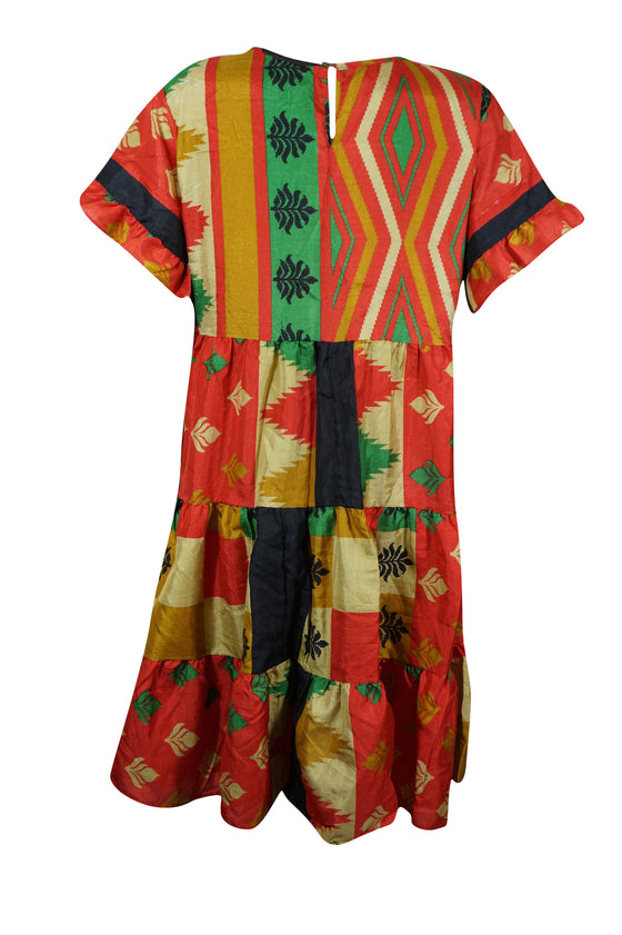 Women Tiered Boho Dress, Tangerine Red, Floral Summer Short Dresses, M