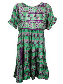  Sea Green Printed Summer Short Dress, Dresses for Women, Beach Boho dress, M