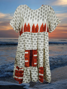 White Red Block Print Dress, Beach Boho Dress, Recycle Silk Summer Short Dresses M