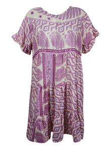  Lavender Paisley Print Short Dress, Recycle Silk Beach Summer Dresses M