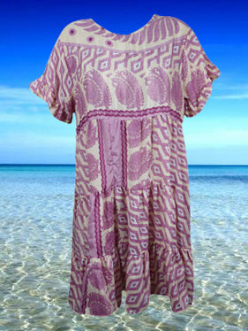 Lavender Paisley Print Short Dress, Recycle Silk Beach Summer Dresses M