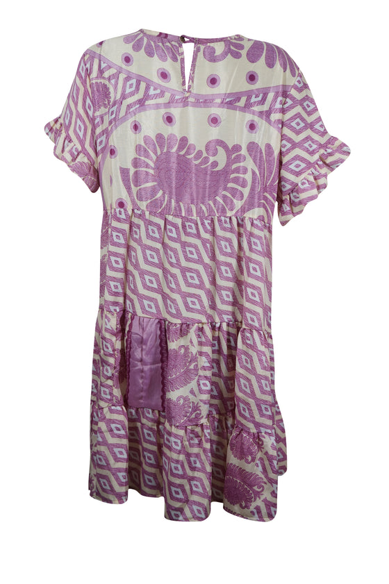 Lavender Paisley Print Short Dress, Recycle Silk Beach Summer Dresses M