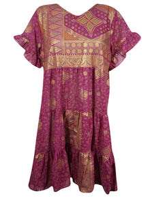  Boho Dusty Lilac Floral Dress, Flutter Sleeve Summer Dresses M