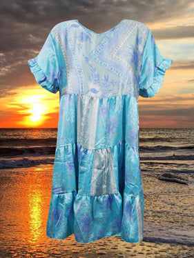 Sea Blue Summer Dress, Soft, Casual, Tiered Recycle Silk Shift Dresses M