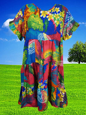 MultiColor Floral Dress, Beach Boho Dress, Recycle Silk Summer Short Dresses M
