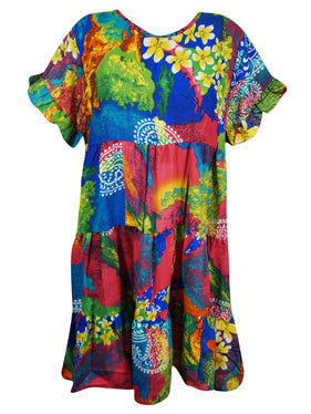 MultiColor Floral Dress, Beach Boho Dress, Recycle Silk Summer Short Dresses M