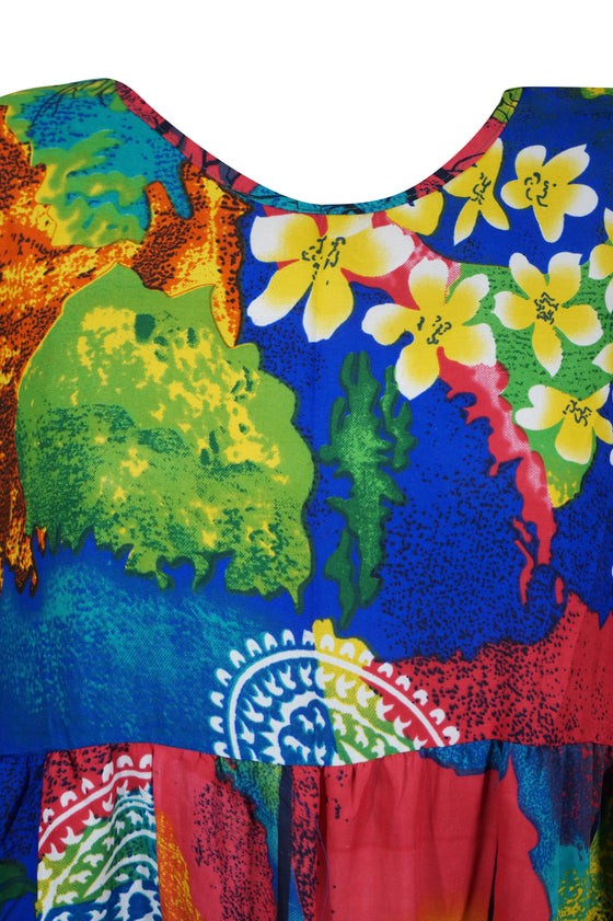 MultiColor Floral Dress, Beach Boho Dress, Recycle Silk Summer Short Dresses M