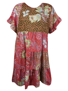 Summer Short Beach Dress, Bright Coral Floral Casual Tiered Recycle Si Summer Short Beach Dress, Bright Coral Floral Casual Tiered Recycle Si