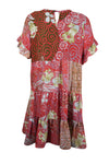 Summer Short Beach Dress, Bright Coral Floral Casual Tiered Recycle Silk Dresses M