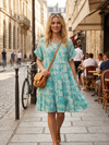 Sea Blue Floral Recycled Silk Beach Dress | Tiered Boho Summer Short Dress M