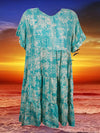 Summer Short Beach Dress, Sea Blue Floral Casual Tiered Recycle Silk Dresses M