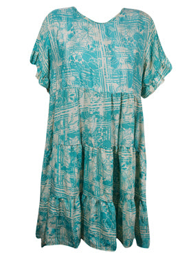 Summer Short Beach Dress, Sea Blue Floral Casual Tiered Recycle Silk Dresses M