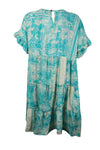 Summer Short Beach Dress, Sea Blue Floral Casual Tiered Recycle Silk Dresses M