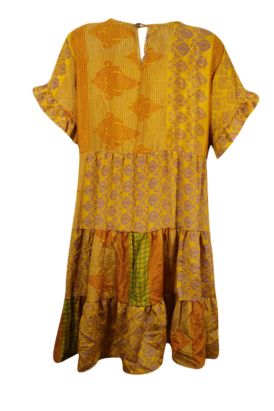 Orange Paisley Short Dress, Recycle Silk, Beach, Summer Short Dresses for women M