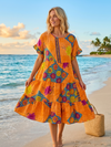 Orange Floral Recycled Silk Boho Dress | Flutter Sleeve Tiered Short Dress  M