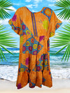 Flutter Sleeve Boho Dress, Orange, Floral, Casual, Recycle Silk Tiered Short Dresses M