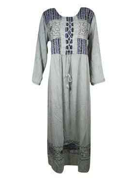 Women's Maxi dress, Gray Retro Bohemian Long Embroidered Dresses XL