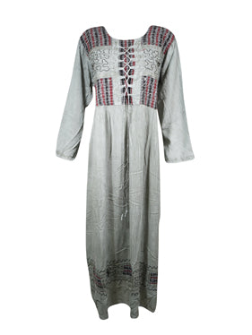 Gray Bohemian Maxi Dress, Floral Embroidered, Rayon, Boho Retro Chic Maxidress XL