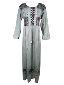  Womens Maxi Dresses, Gray Loose Shift dress, Embroidered Travel Maxi Dress, Gift XL