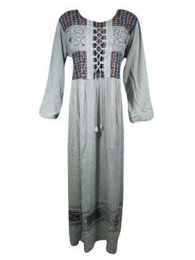 Womens Maxi Dresses, Gray Loose Shift dress, Embroidered Travel Maxi Dress, Gift XL