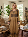 Women’s Casual Brown Embroidered Maxi Dress Rayon Boho Retro Chic Long Dress XL