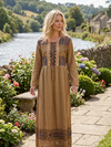 Brown Bohemian Maxi Dress for Women | Floral Embroidered Rayon Boho Retro Chic  XL