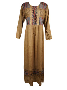  Brown Bohemian Maxi Dress, Floral Embroidered, Rayon, Boho Retro Chic Maxidress XL