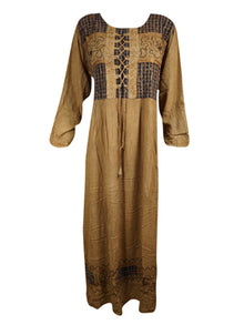  Womens Casual Maxi Dress, Brown Embroidered, Rayon Boho Retro Chic Maxidress XL