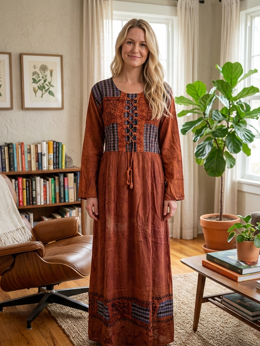 gypsy style maxi dress Rustic Red Round Neck Long Dress 30 inch Mini length Color:Sunkissed Garden Print In The Spotlight Maxi