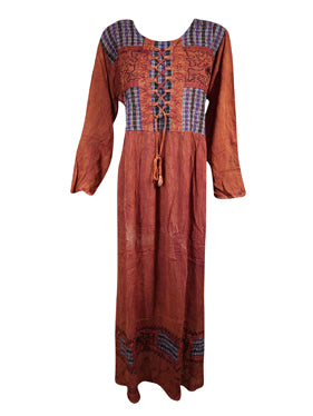 Womens Casual Maxi Dress, Brown Embroidered, Rayon Boho Retro Chic Maxidress Gift XL
