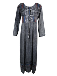  Womens Boho Maxi Dresses, Gray Loose Shift dress, Embroidered Long Dress XL