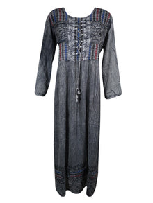  Womens Ren Faire Maxi Dresses, Gray Loose Shift dress, Embroidered Long Dress XL