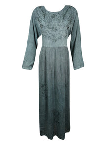  Long Gray Maxi Rayon Dress, Vintage Gothic Embroidered Long Dresses Gift L