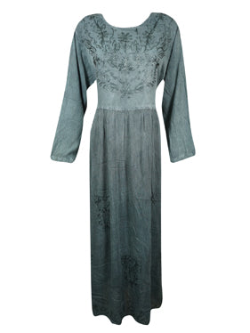 Gray Maxi Rayon Dress, Vintage Gothic Embroidered Long Dresses Gift L