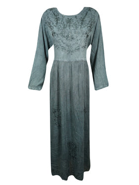 Long Gray Maxi Rayon Dress, Vintage Gothic Embroidered Long Dresses Gift L