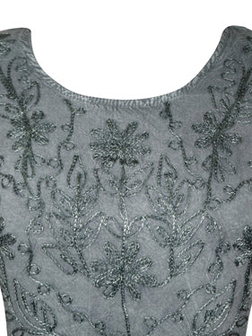Gray Maxi Rayon Dress, Vintage Gothic Embroidered Long Dresses Gift L