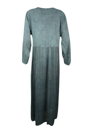 Gray Maxi Rayon Dress, Vintage Gothic Embroidered Long Dresses Gift L