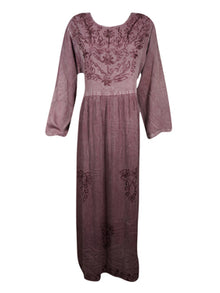  Women's Rustic Brown Maxidress, Embroidered Long Maxi Dress L