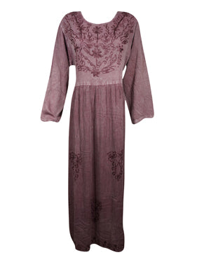 Womens Rustic Brown Embroidered Maxi Dress | Boho Long Dress L Womens Rustic Brown Embroidered Maxi Dress | Boho Long Dress L
