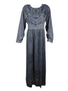 Vintage Floral Maxi Dress, Gray Crinkle Rayon Dresses, Retro Embroidered Dress L