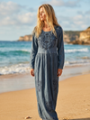 Vintage Floral Gray Crinkle Rayon Maxi Dress | Retro Boho Dress  L