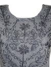 Vintage Floral Maxi Dress, Gray Crinkle Rayon Dresses, Retro Embroidered Dress L