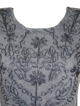 Vintage Floral Maxi Dress, Gray Crinkle Rayon Dresses, Retro Embroidered Dress L