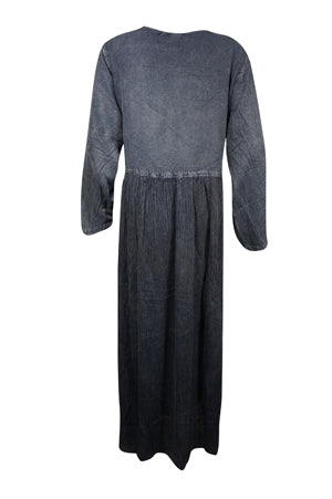 Vintage Floral Maxi Dress, Gray Crinkle Rayon Dresses, Retro Embroidered Dress L