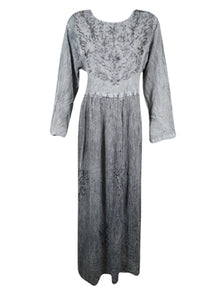  Gray Vintage Maxi Dress, Floral Embroidered, Rayon, Boho Retro Chic Maxidress L