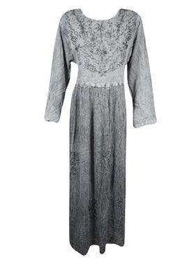 Gray Vintage Maxi Dress, Floral Embroidered, Rayon, Boho Retro Chic Maxidress L
