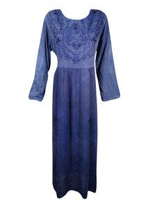  Vintage Floral Maxi Dress, Blue Crinkle Rayon Dresses, Retro Embroidered Dress Gift L