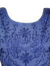 Vintage Floral Maxi Dress, Blue Crinkle Rayon Dresses, Retro Embroidered Dress Gift L